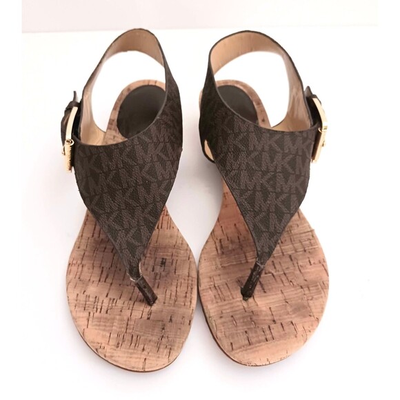 Michael Kors Thong Sandal Brown MK Logo Cork Block Heel Buckle Ankle Strap Sz 6 - Picture 3 of 12